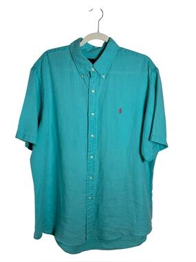 Polo Ralph Lauren Men's XL 100% Linen Shirt Aqua Short Sleeve Button Down